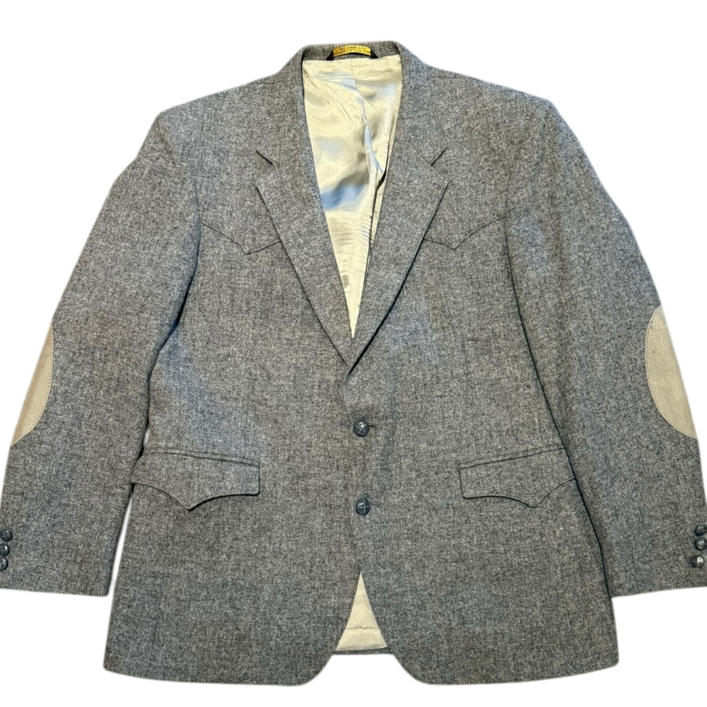 Vintage H Bar C Men's Western Style Gray Wool Blend Blazer Men’s 45R Suede Elbow